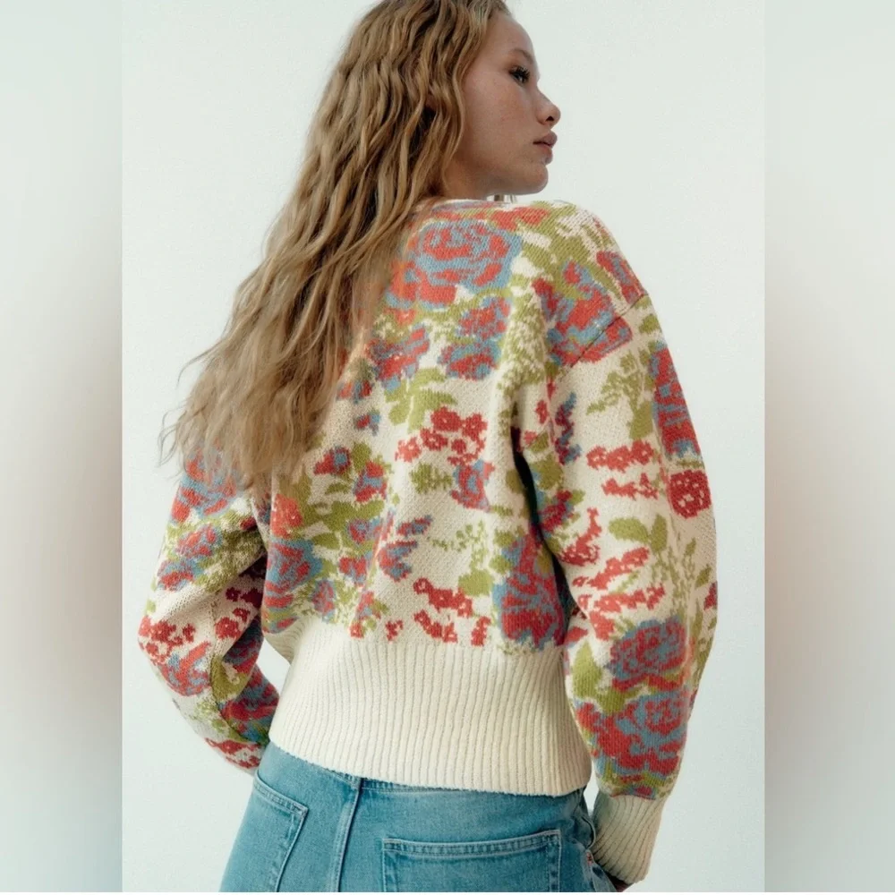 🩵 Zara PEARL BUTTON FLORAL KNIT JACQUARD Cardigan Multi Color Long Sleeve - Picture 6 of 8